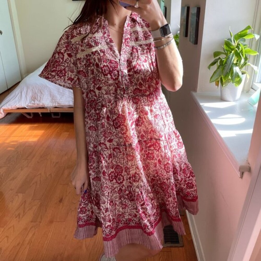 by Anthropologie Floral Collared V-Neck Tiered Dress Size Small